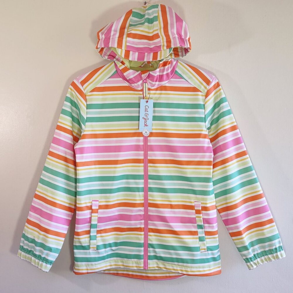 💚 NEW Girl's Colorful Striped Wind Rain Jacket Full Zip Lined Size Large 10/12